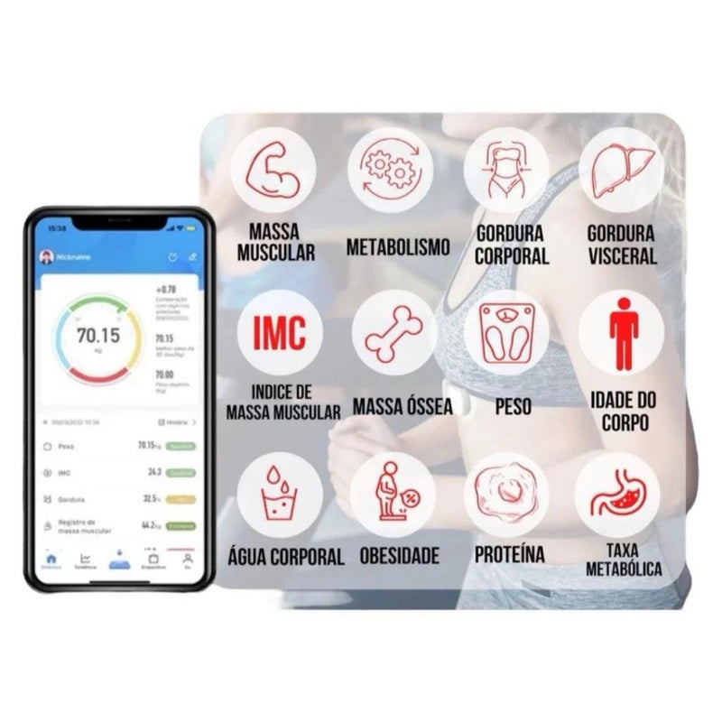 Balança Bioimpedância Digital Bluetooth Corporal até 180kg Resultado Pelo Celular